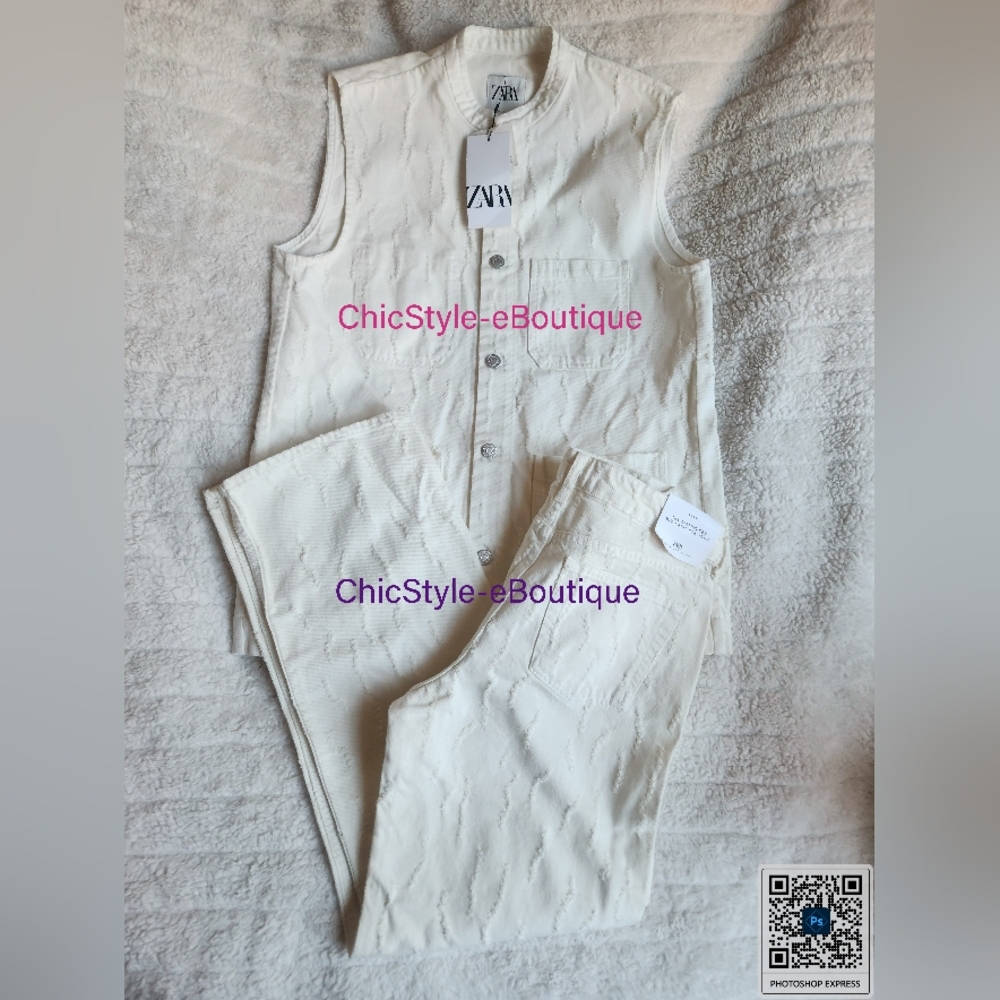 Zara co-ord set Textured Pocket Vest SZ L+ textured distressed pants 8 Ecru nwt - Picture 2 of 16